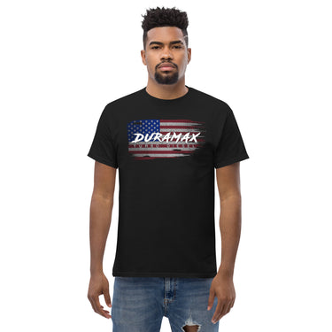 Duramax Diesel T-Shirt American Flag Shirt modeled in black